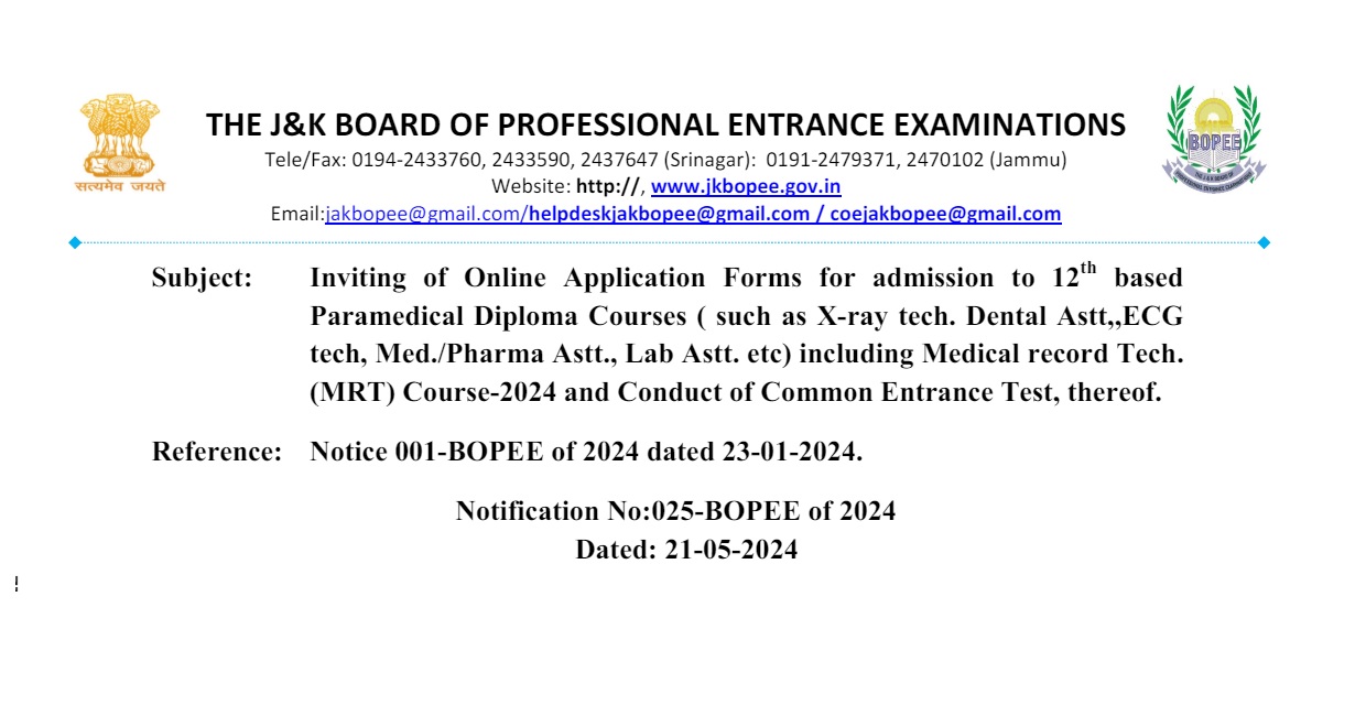 JKBOPEE 12th Based Paramedical Notification 2024
