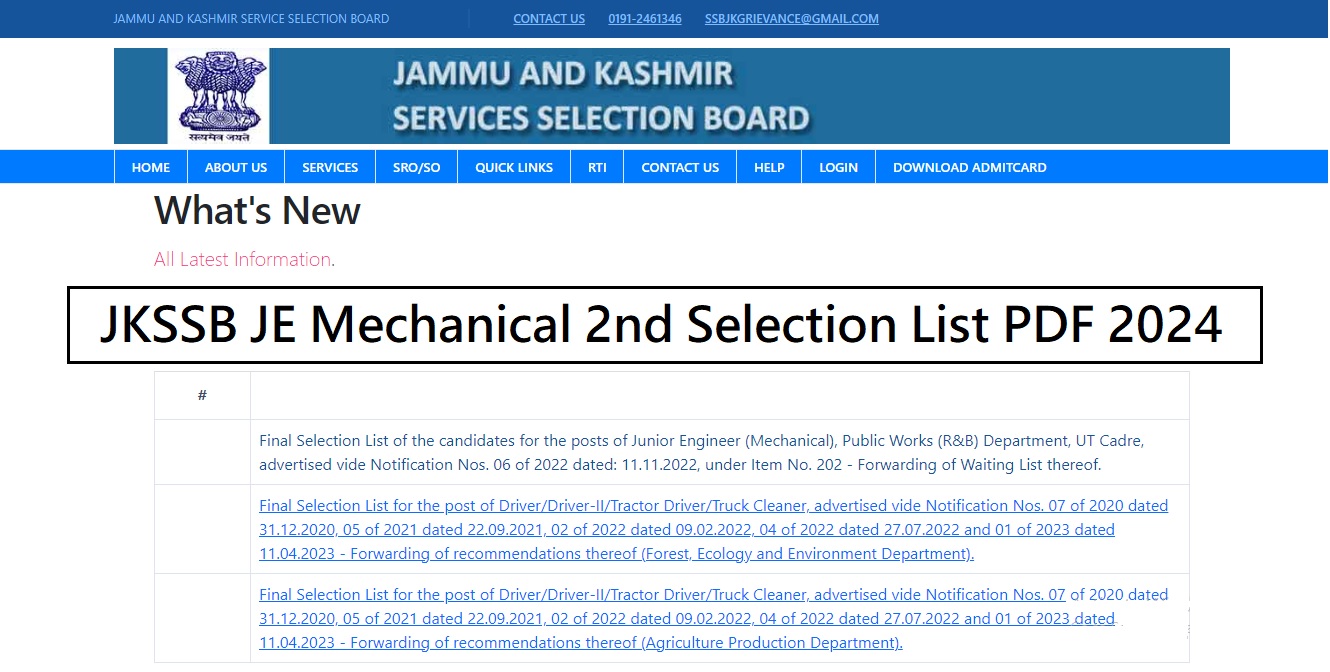 JKSSB JE Mechanical 2nd Selection List PDF 2024
