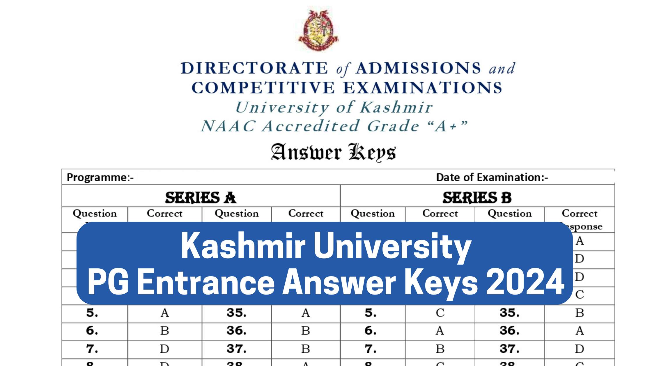 Kashmir University PG Entrance Answer Keys 2024