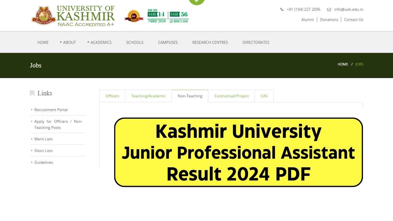 Kashmir University Junior Professional Assistant Result 2024 PDF