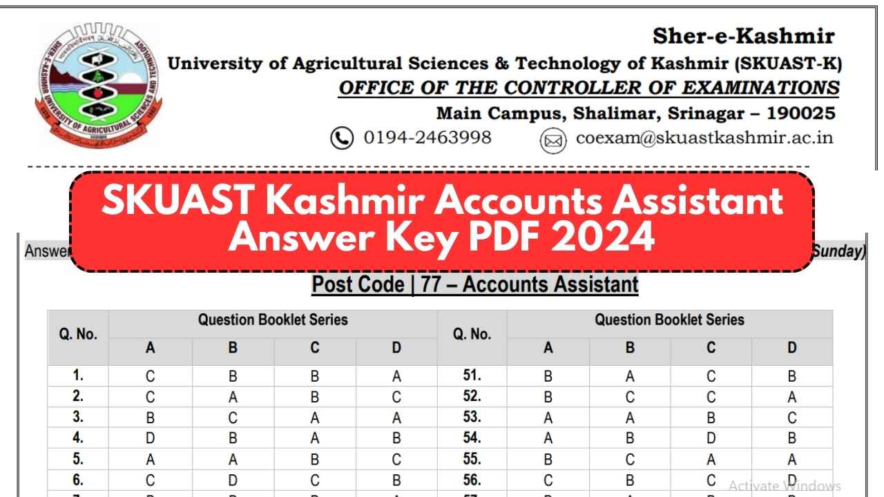 SKUAST Kashmir Accounts Assistant answer key PDF 2024